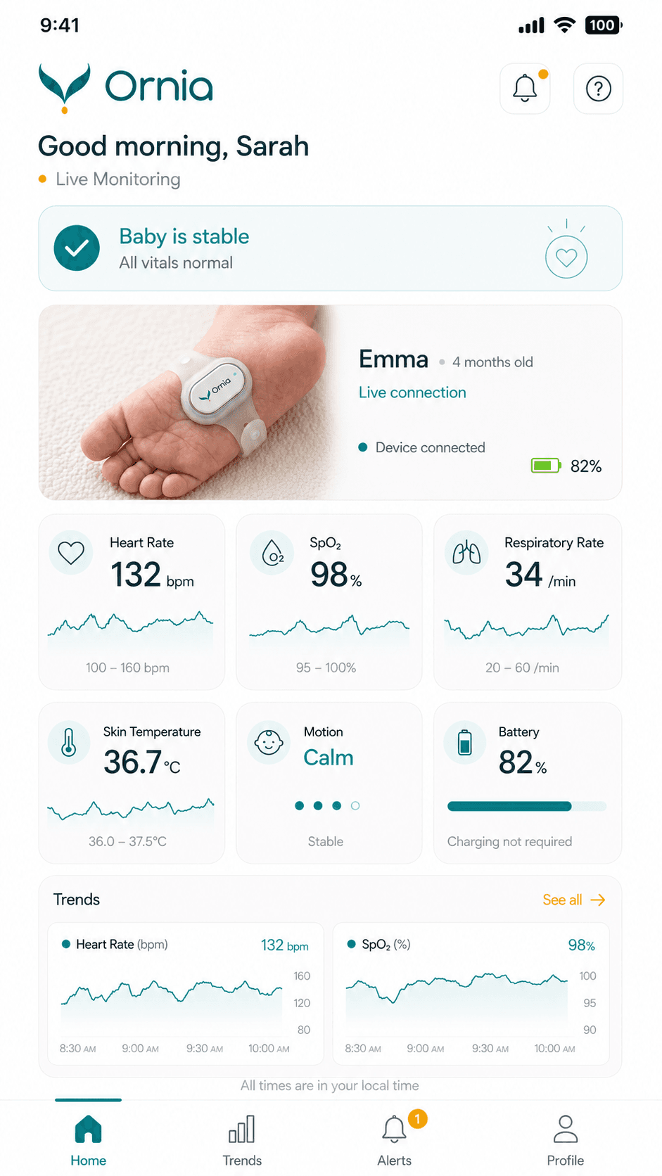 The Ornia app Live Console showing a baby's real-time heart rate, oxygen, respiratory rate, and temperature