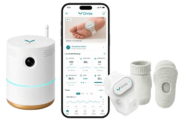 The Ornia platform — Guardian Hub, the Ornia app showing a baby's live vitals, and the Sensor Coin with its band